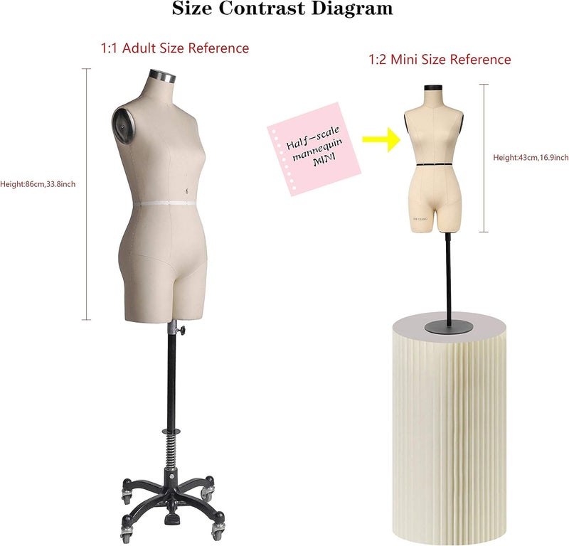 DE-LIANG Half Scale Dress Form（Not Adult Full Size） 1:2 Miniature Sewing Half Size Mannequin Not Fully Pinable Dressmaker Dummy 43cm Body Height Female Torso Tailor Model for Draping Beige - Image 2